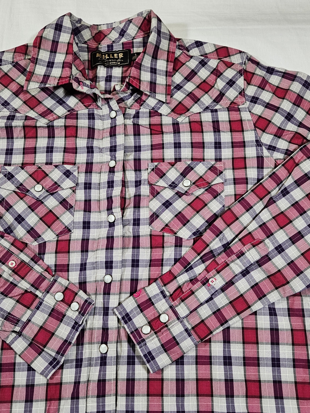 Miller Ranch Cinch Women's Large Western Shirt Cherry Purple Plaid Pearl Snap